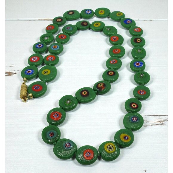 Vintage Green Millefiori Glass Necklace Floral Disc Beads Art Glass 23” Retro - Picture 1 of 8